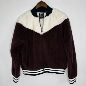 Nike Jacket Womens Medium Burgundy White Sherpa Fleece Bomber Full Zip Varsity